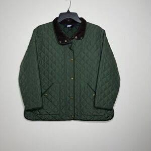Lands' End Womens L Petite Quilted Dark Green Jacket Corduroy Collar Lightweight